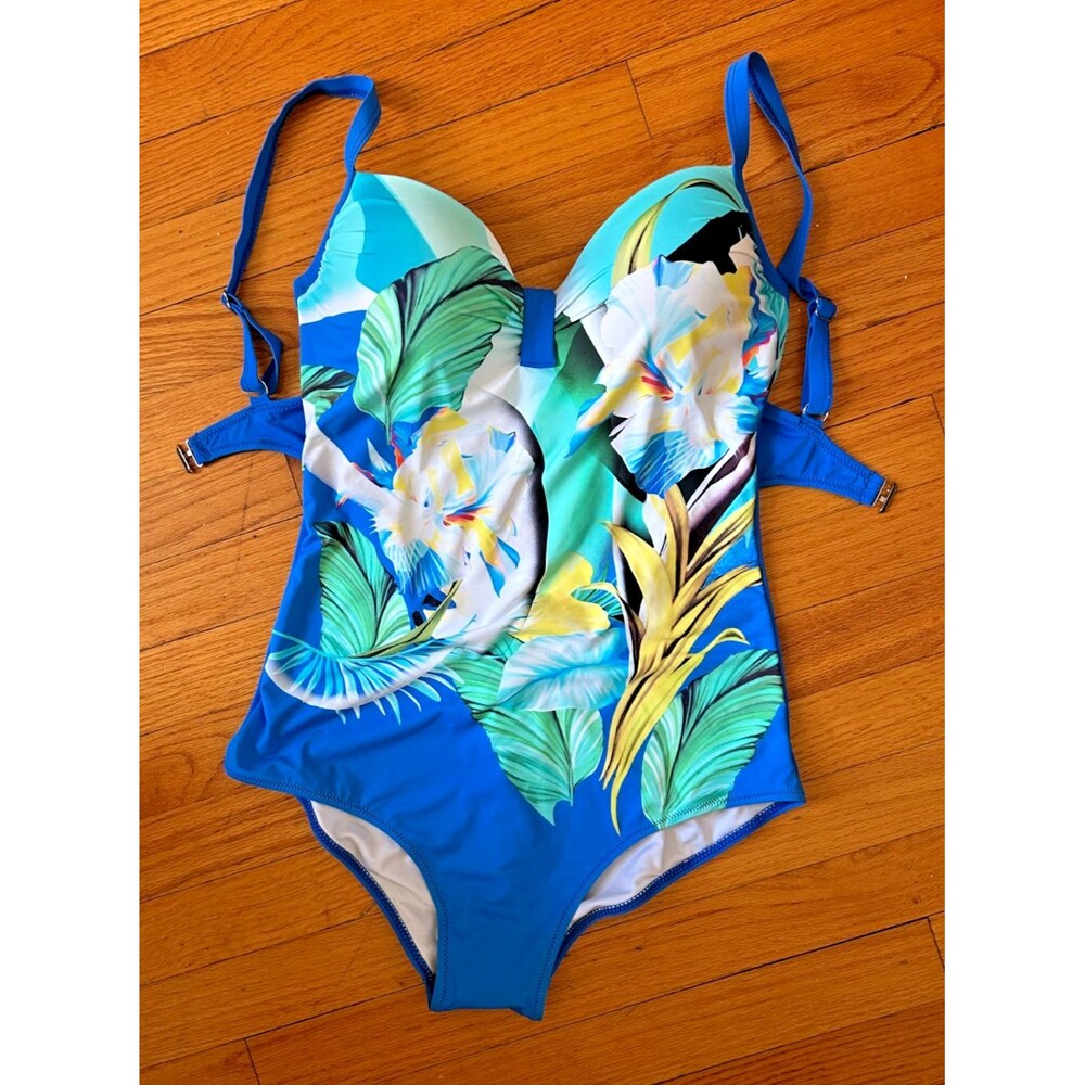 Womens M Blue Floral Print One Piece Swimsuit Underwire Padded Bathing Suit Cozy